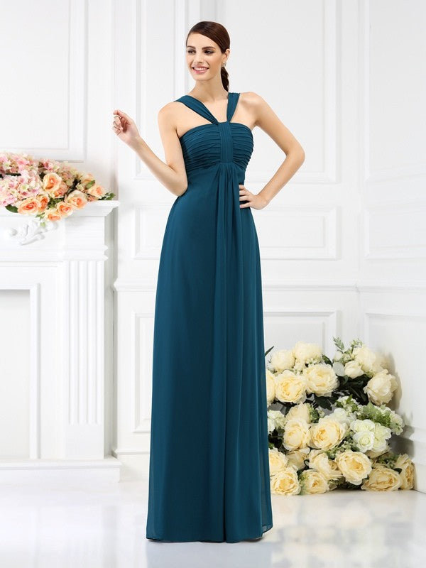 A-Line/Princess Straps Pleats Sleeveless Long Chiffon Bridesmaid Dresses