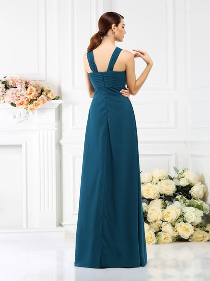 A-Line/Princess Straps Pleats Sleeveless Long Chiffon Bridesmaid Dresses