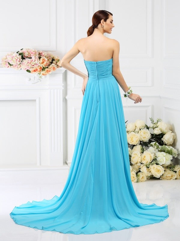 A-Line/Princess Sweetheart Beading Pleats Sleeveless Long Chiffon Bridesmaid Dresses