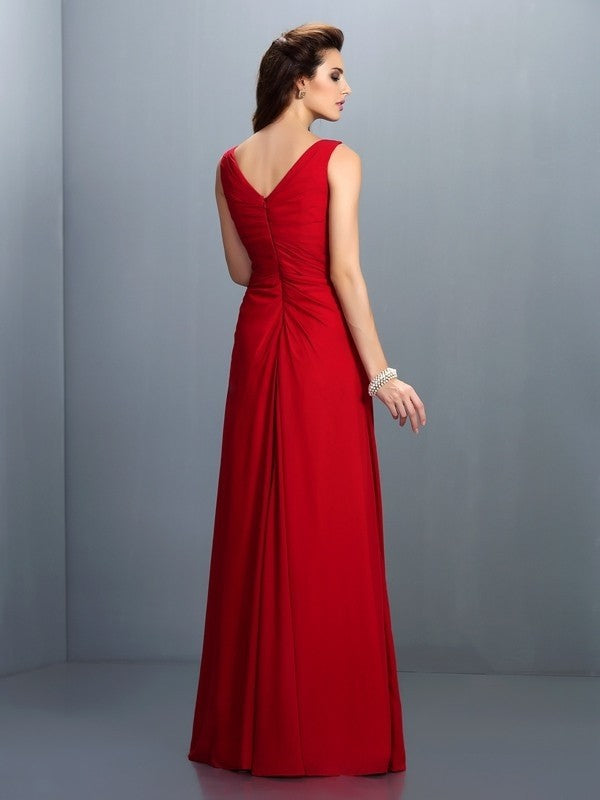 A-Line/Princess Straps Pleats Sleeveless Long Chiffon Bridesmaid Dresses