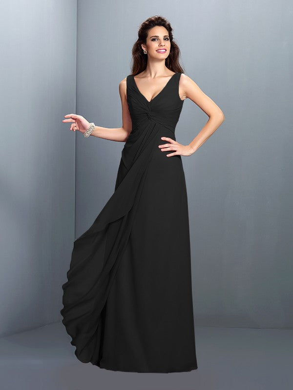 A-Line/Princess Straps Pleats Sleeveless Long Chiffon Bridesmaid Dresses