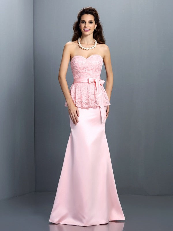 Trumpet/Mermaid Sweetheart Lace Sleeveless Long Satin Bridesmaid Dresses