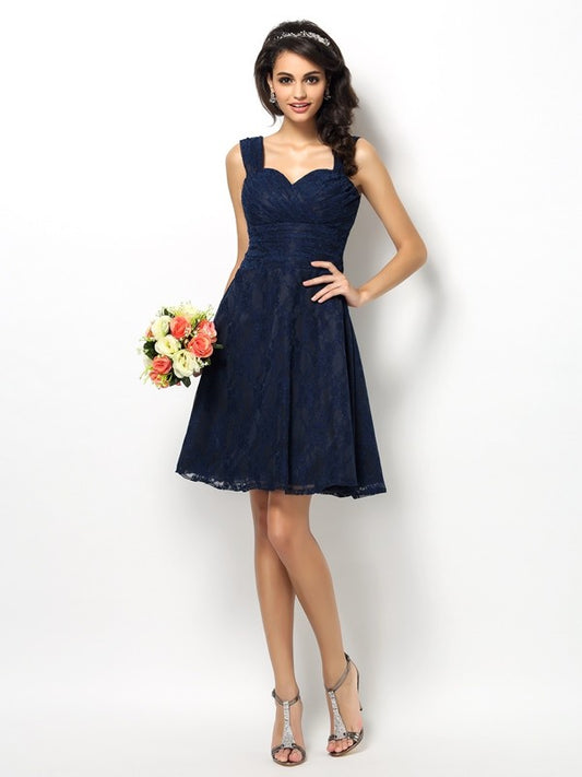 A-Line/Princess Straps Lace Sleeveless Short Bridesmaid Dresses