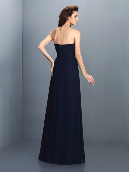 A-Line/Princess Strapless Rhinestone Sleeveless Long Chiffon Bridesmaid Dresses