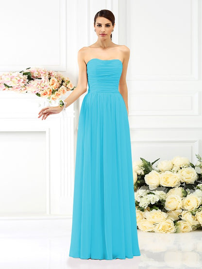 A-Line/Princess Strapless Pleats Sleeveless Long Chiffon Bridesmaid Dresses