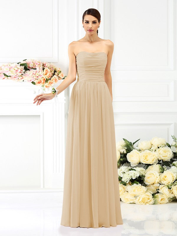 A-Line/Princess Strapless Pleats Sleeveless Long Chiffon Bridesmaid Dresses