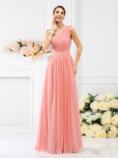 A-Line/Princess One-Shoulder Pleats Sleeveless Long Chiffon Bridesmaid Dresses