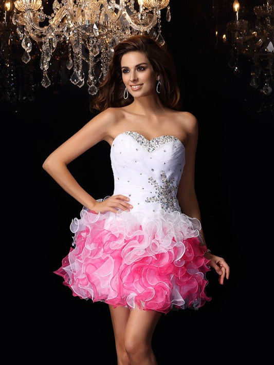 A-Line/Princess Sweetheart Ruffles Sleeveless Short Organza Cocktail Dresses