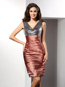 Sheath/Column V-neck Sleeveless Short Silk like Satin Cocktail Dresses