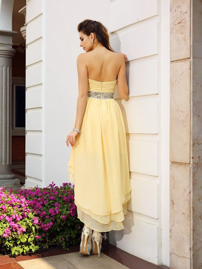 A-Line/Princess Strapless Beading Sleeveless High Low Chiffon Cocktail Dresses