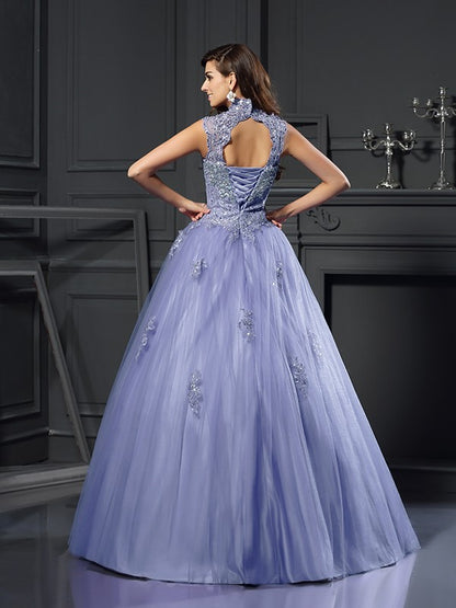 Ball Gown High Neck Beading Sleeveless Long Net Quinceanera Dresses