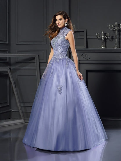 Ball Gown High Neck Beading Sleeveless Long Net Quinceanera Dresses