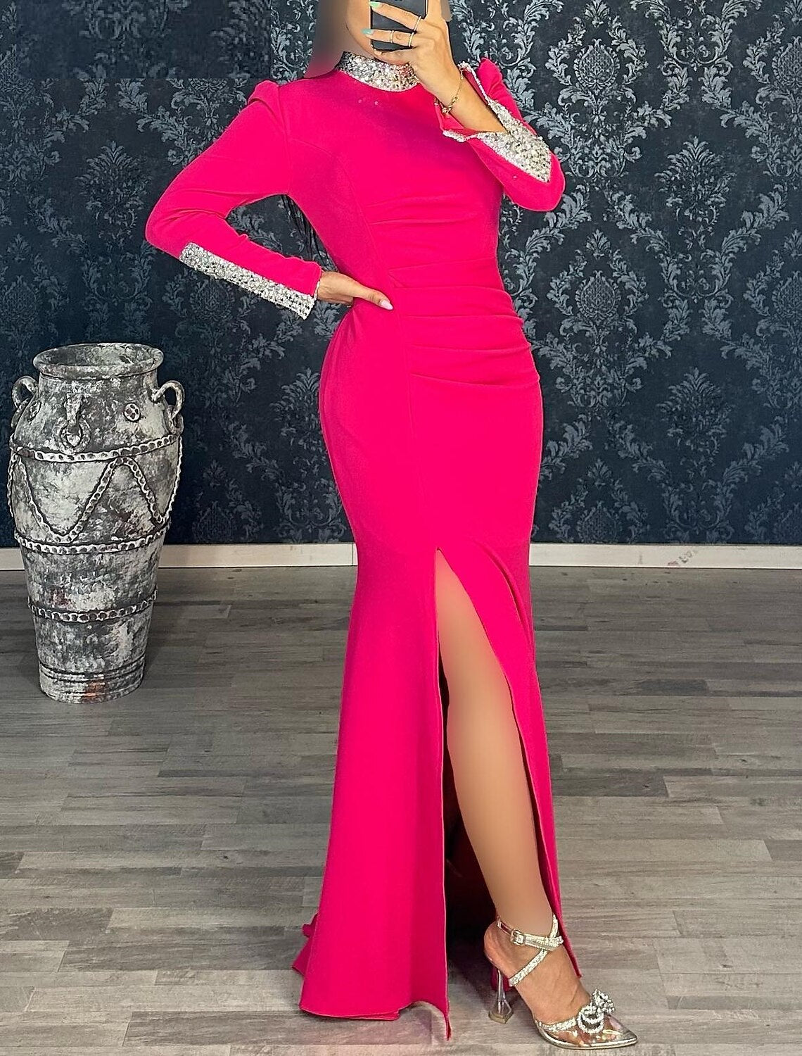 Elegant Mermaid Formal Wedding Guest Floor Length Long Sleeve High Neck Dress Stretch Fabric with Sequin Evening Dress