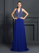 A-Line/Princess Halter Applique Sleeveless Long Chiffon Dresses