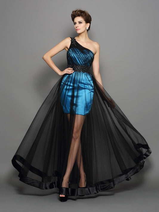 A-Line/Princess One-Shoulder Ruched Sleeveless Long  Woven Satin Dresses