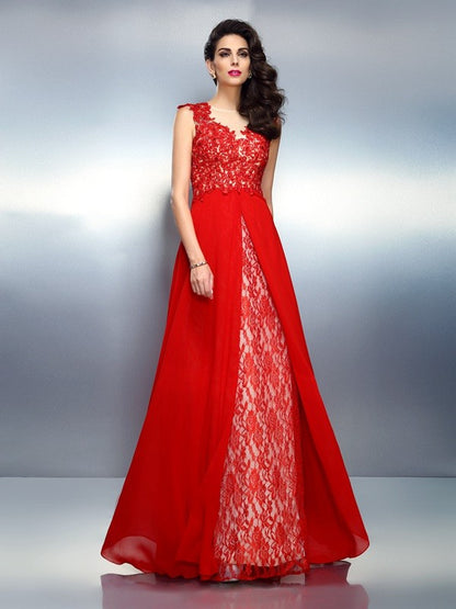 A-Line/Princess Bateau Applique Sleeveless Long Net Dresses