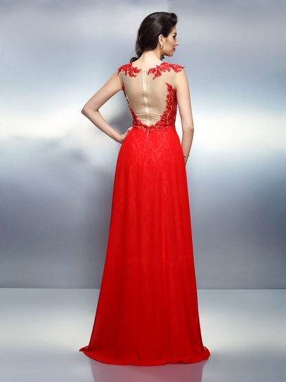 A-Line/Princess Bateau Applique Sleeveless Long Net Dresses