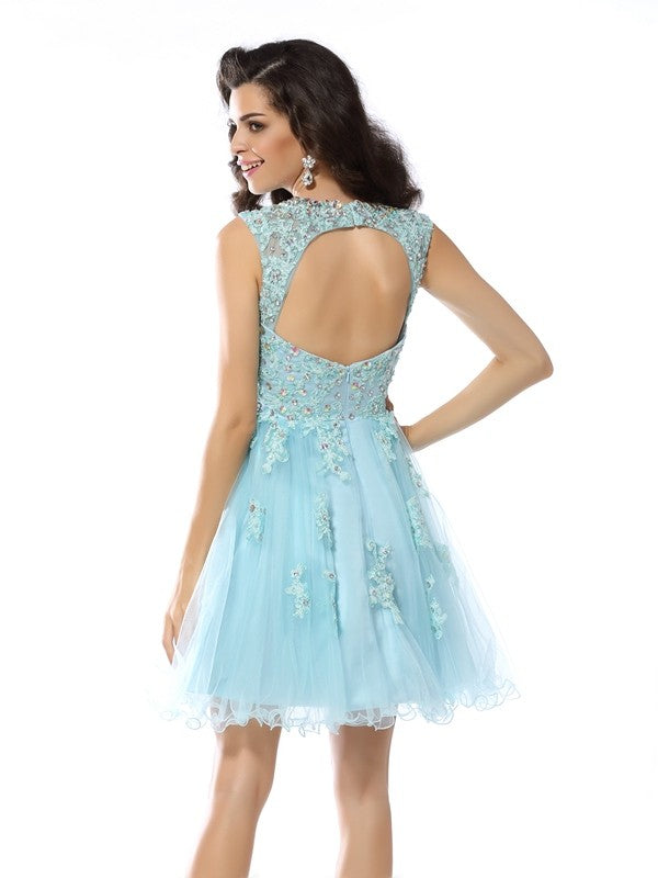 A-Line/Princess Scoop Beading Applique Sleeveless Short Satin Cocktail Dresses