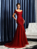 Trumpet/Mermaid Off-the-Shoulder Beading Short Sleeves Long Satin Mother of the Bride Dresses