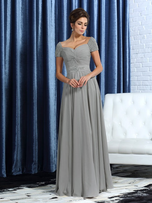 Mother of the Bride Dresses A-Line Sweetheart Beading Short Sleeves Long Chiffon