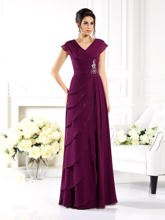 Mother of the Bride Dresses A-Line V-neck Short Sleeves Long Chiffon