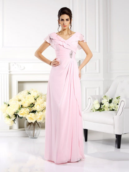 Mother of the Bride Dresses A-Line V-neck Ruffles Short Sleeves Long Chiffon