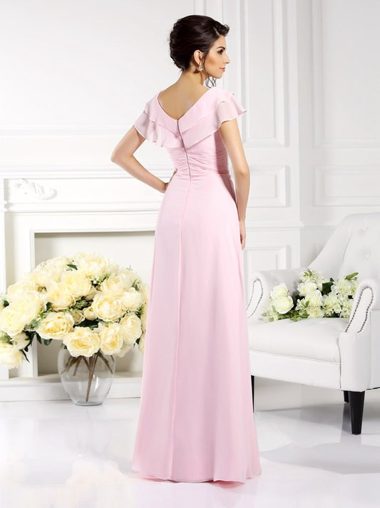 Mother of the Bride Dresses A-Line V-neck Ruffles Short Sleeves Long Chiffon