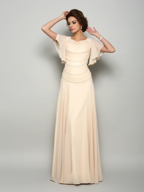 Mother of the Bride Dresses A-Line Princess Square Beading Short Sleeves Long Chiffon