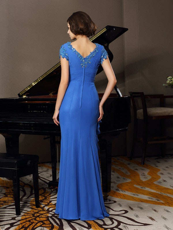 A-Line/Princess V-neck Beading Applique Short Sleeves Long Chiffon Mother of the Bride Dresses