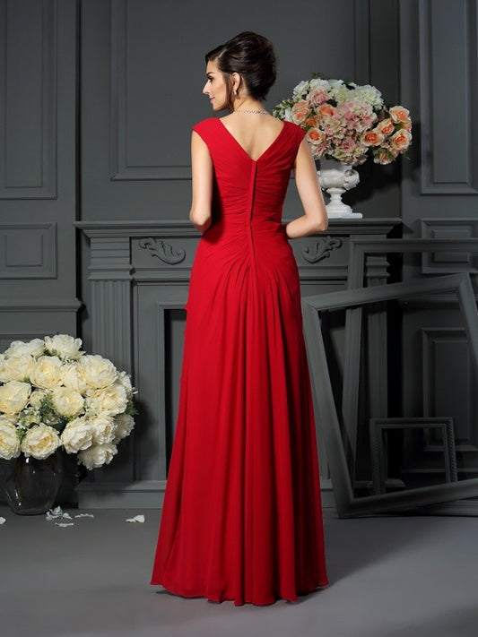 Mother of the Bride Dresses A-Line V-neck Hand-Made Flower Sleeveless Long Chiffon