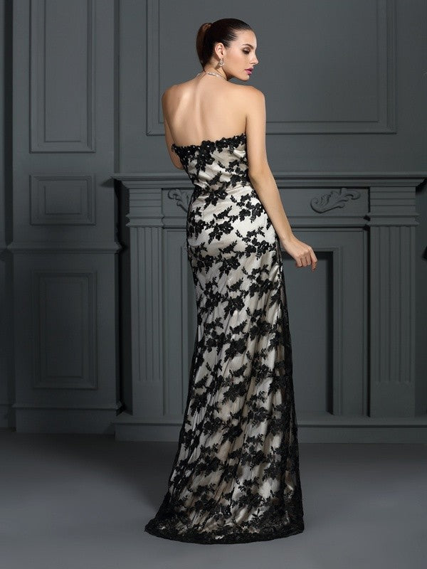 Sheath/Column Strapless Lace Sleeveless Long  Woven Satin Dresses