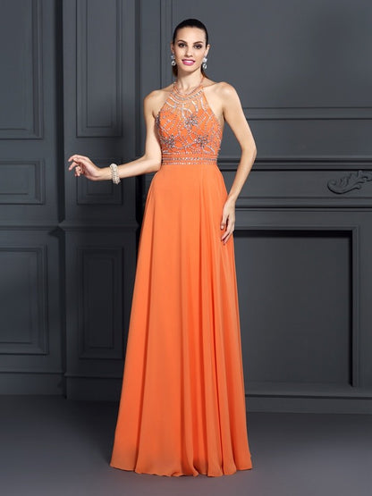 A-Line/Princess Scoop Beading Sleeveless Long Chiffon Dresses