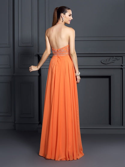 A-Line/Princess Scoop Beading Sleeveless Long Chiffon Dresses