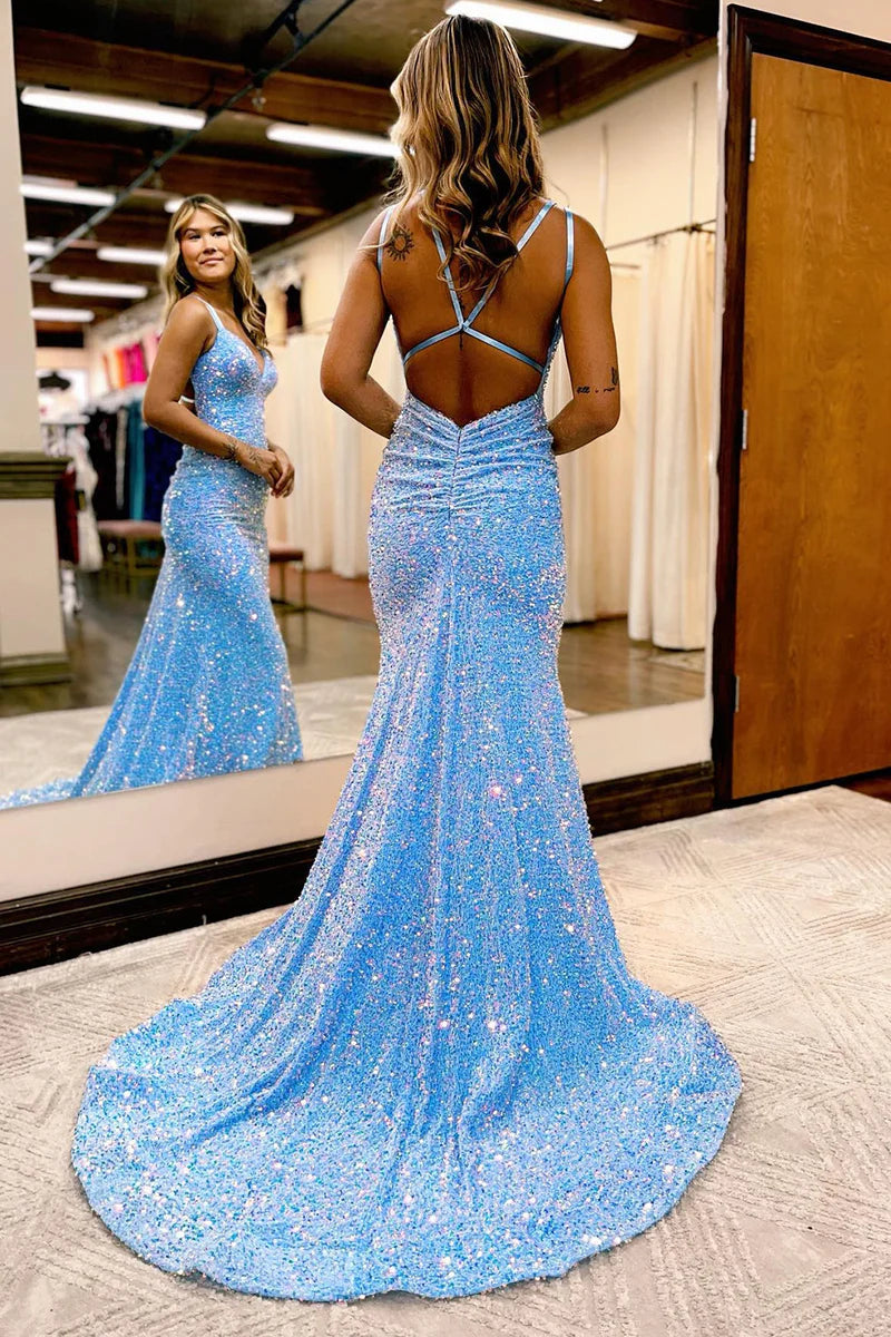 Prom Dress Sparkly Blue Mermaid Sequins Long Backless