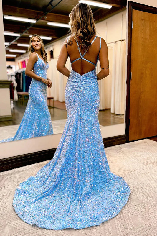 Prom Dress Sparkly Blue Mermaid Sequins Long Backless