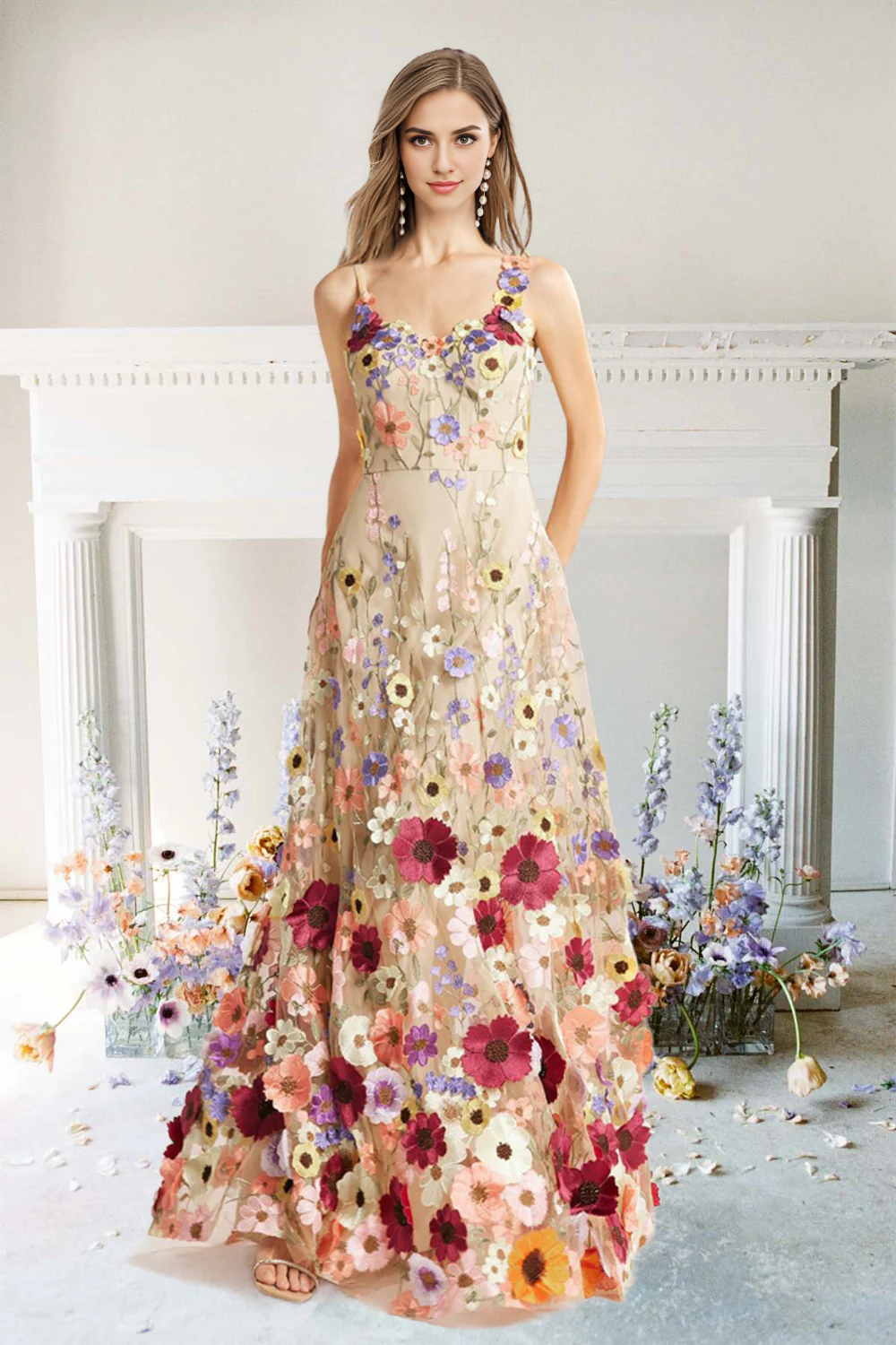AABEI DRESS Hot Sale Prom Dress Exquisite A-Line Flower Straps Floral Fantastic Long Party Dress
