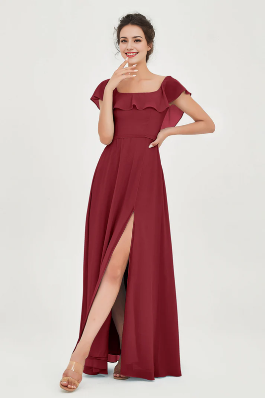AABEI DRESS Bridesmaid Dresses Chiffon A-Line Square Neckline Flutter Sleeves Ruffle Side Fork Elegant Simple Wedding Guests Dresse