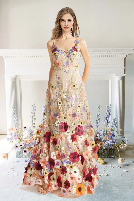 AABEI DRESS Hot Sale Prom Dress Exquisite A-Line Flower Straps Floral Fantastic Long Party Dress