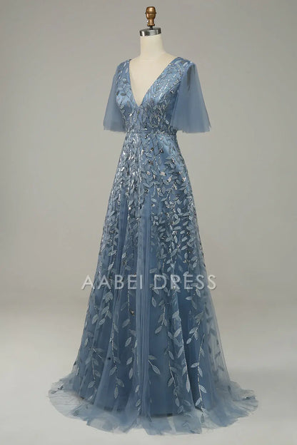 AABEI DRESS Hot Sale Prom Dress Exquisite V Neck Flowing Sleeves Tulle Embroidered Leaves Fashion Formal Dress