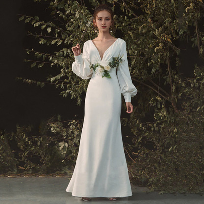 Wedding Dress V Neck Long Sleeves Elegant Simple Formal Dresses