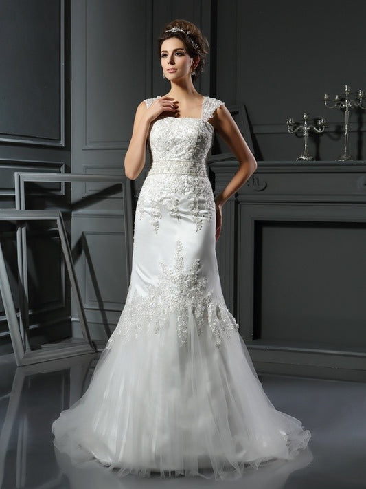 Trumpet/Mermaid Straps Applique Sleeveless Long Satin Wedding Dresses