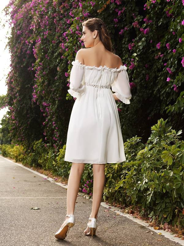 A-Line/Princess Off-the-Shoulder Beading 1/2 Sleeves Short Chiffon Wedding Dresses