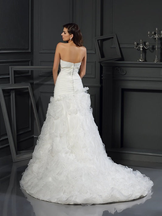 A-Line/Princess Sweetheart Beading Sleeveless Long Organza Wedding Dresses