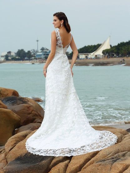 A-Line/Princess Straps Applique Sleeveless Long Satin Beach Wedding Dresses