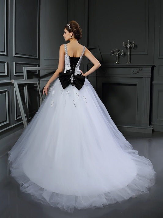 Ball Gown Straps Beading Sleeveless Long Tulle Wedding Dresses