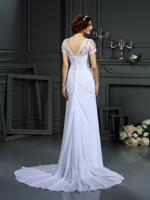 Sheath/Column V-neck Lace Short Sleeves Long Chiffon Wedding Dresses