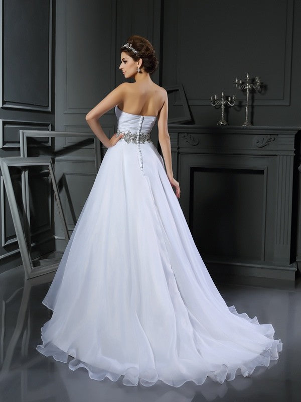 Ball Gown Sweetheart Beading Sleeveless Long Satin Wedding Dresses