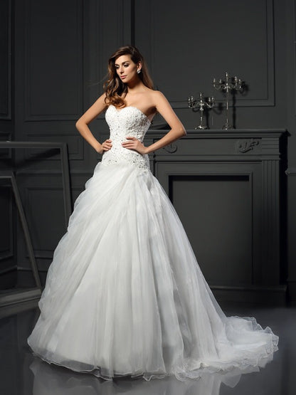 Ball Gown Sweetheart Ruffles Sleeveless Long Organza Wedding Dresses