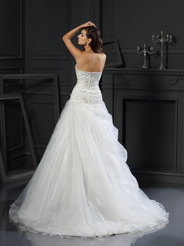 Ball Gown Sweetheart Ruffles Sleeveless Long Organza Wedding Dresses