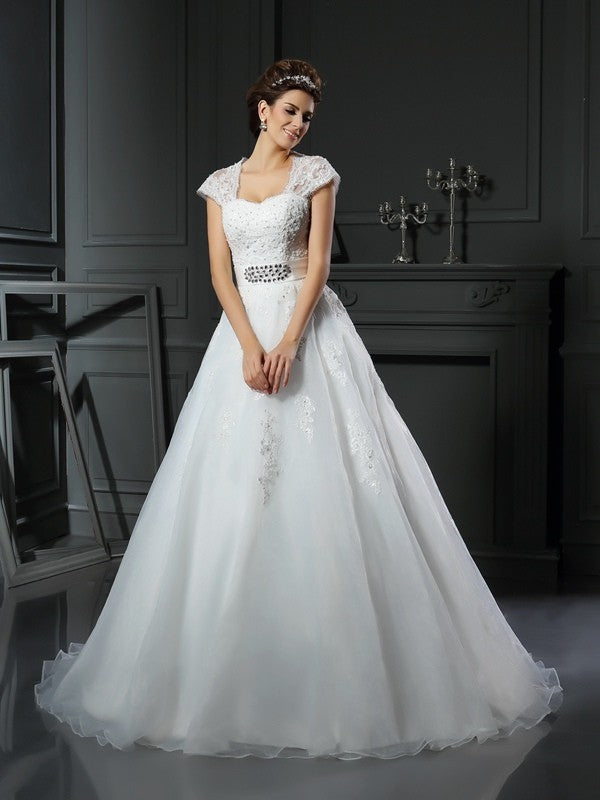 Ball Gown Square Beading Sleeveless Long Organza Wedding Dresses